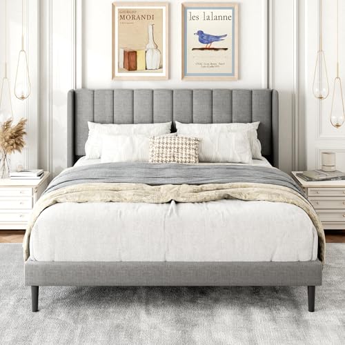 La Mejor Selección de Cama Queen Size Precio de esta semana. 49 Gruwans Marco de Cama Tamaño Queen con Cabecero Wingback Tapizado, Cama Plataforma de Fácil Ensamblaje, Soporte de Listones de Madera Sin Necesidad de Somier, Gris Claro