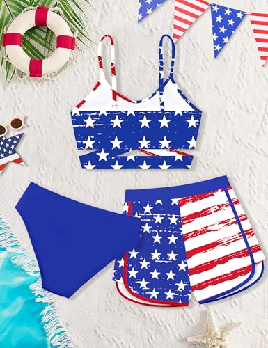 Image of Girls Swimsuit 3 Piece Bathing Suit Criss Cross Bikini Set Girls' Swimwear with Shorts 7-16T