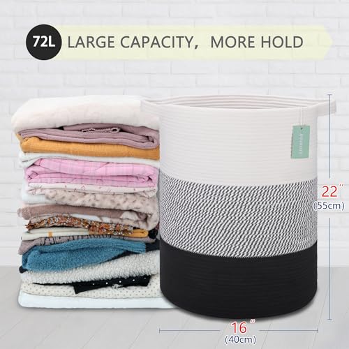 Image of Cotton Rope Blanket Basket, 72L Laundry Hamper, White& Gray& Black | 16 inchx 22 inch, Large Collapsible Woven Nursery Hamper with Sturdy Handles for Clothes Toys Towels, Bedroom Living Room Bathroom