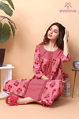 Image of Evolove Women's Cotton Long Maxi Night Gown Nighty Dress with Pocket & Stylish Button, Super Soft Comfortable (LNG-Button)