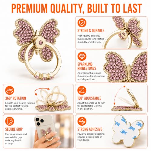Image of Mizi Butterfly Phone Ring Holder, 2 Pack Luxury Rhinestone Finger Ring Stand Grip, 360 Rotating & 180 Adjustable Metal Kickstand, Strong Adhesive for iPhone, Samsung & All Smartphones - Pink