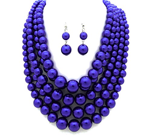 Fashion 21 Women's Five Multi-Strand Simulated Pearl Statement Necklace and Earrings Set (Royal Blue)