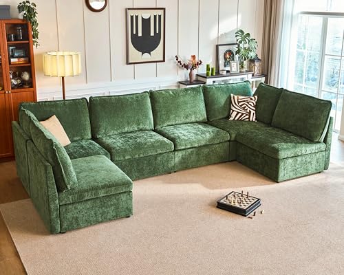 Image of Oversized Modular Sectional Sofa, Comfy Cloud Couch with Reversible Chaises Extra Deep U-Shaped Sleeper Sofa Bed for Living Room, Covers Washable, 6-Seater with 2 Corners, Chenille, Green