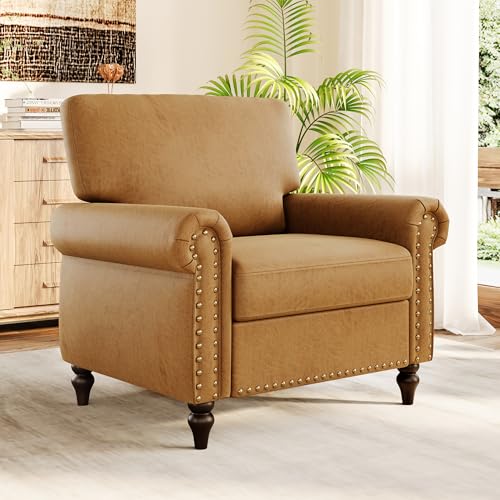 Image of Nailhead Trim Accent Chair,Faux Leahter Mid Century Modern Living Room Arm Chairs,Comfy Bedroom Reading Chair for Adults,Cozy Single Sofa Corner Side Room Chair,Saddle Brown