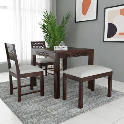 Image of Sheesham Wood 2 Chair with 1 Bench Dining Table Set with Cushioned Chairs for Dining Room | Living Room | | Hotels Restaurant (4 Seater with Bench, Walnut A)