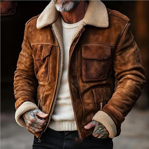 Suede Jacket for Men Warm Outdoor Vintage Patchwork Pocket Plush Reversed Collar Western Jackets Coat for Men2