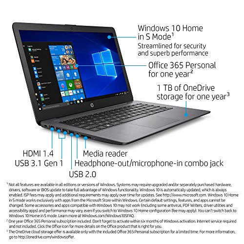 Image of HP Stream 14-inch HD Touchscreen Laptop, Intel Celeron N4000, 4 GB RAM, 64 GB eMMC, Windows 10 Home in S Mode with Office 365 Personal for 1 Year (14-cb192nr, Brilliant Black)