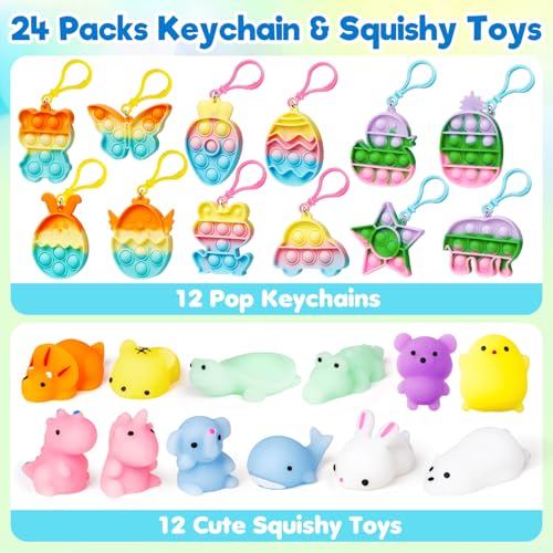 IJIGU 24 Pcs Prefilled Easter Eggs with Assorted Toys, Filled with Squishy Toys and Pop Bubble Keychains, Easter Eggs Filled for Kids to Egg Hunt, Basket Stuffers Filler and Classroom Prize Supplies