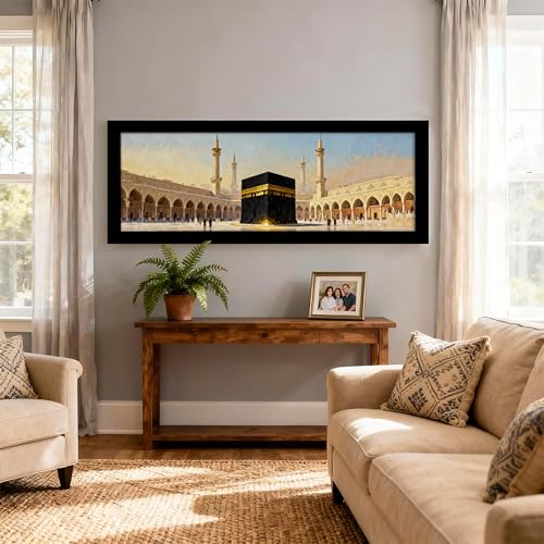 Image of PAINTINGMANTRA Makka Madina Kaaba Islamic Arabic Wall Art Framed Luxury Paintings for Home Decoration, Living room, Bedroom and Office Decoration (99x38 CM)