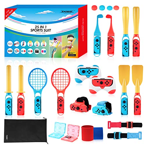 Aceshop 25 in 1 Switch Sports Accessories Bundle for Nintendo Switch / Nintendo Switch OLED Switch Accessories Bundle with Tennis Racket Controller Grip Golf Club Paddle Baseball Bat Wrist&Leg Straps