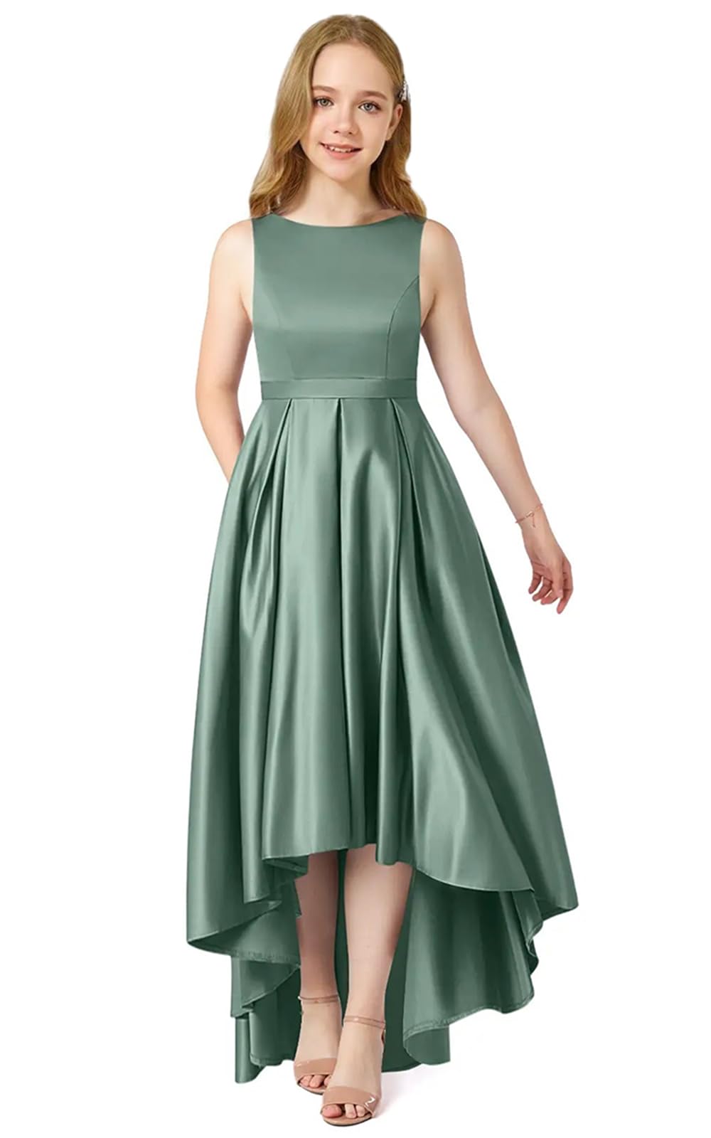 Augday 2025 Stretch Satin Junior Bridesmaid Flower Girl Dresses Boat Neck, High-Low with Pocket for Weddings,Prom
