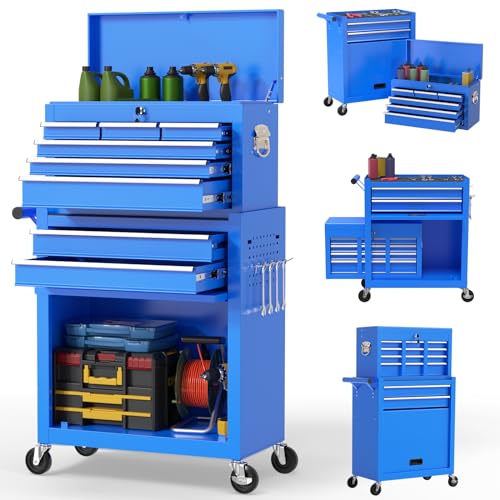 On Shine 8 Drawer Rolling Tool Chest, Large Capacity Rolling Tool Box with Wheels, Locking Mechanical Tool Chest, Portable Tool Box with Sliding Drawers for Garage Workshop and Tool Room (Blue)