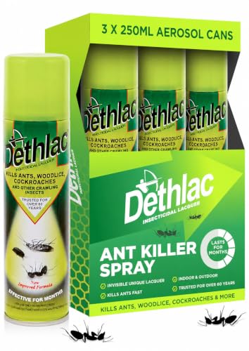 Dethlac Ant Killer Spray 3 x 250ml | Kills Ants Woodlice Cockroaches & Crawling Insects | Insect Killer Indoor & Outdoor Use | Invisible Weatherproof Lacquer Barrier | Trusted Since 1959