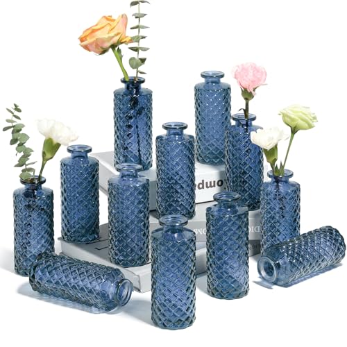ComSaf Glass Bud Vases Set of 12 Small Diamond Bud Vases in Bulk Mini Flowers Vases for Centerpieces Vintage Decor Centerpiece for Table Wedding Recepetion Home Housewarming Gift (Grey Blue)
