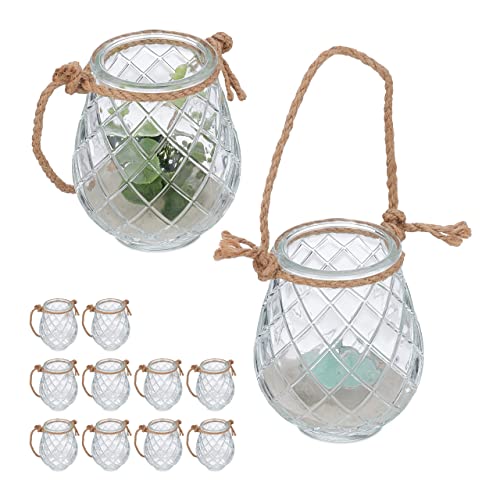 Relaxdays Windlicht, 12er Set, Glas, Henkel aus Hanfseil, innen & außen, Teelichthalter, 10 x 8,5 cm, transparent/Natur