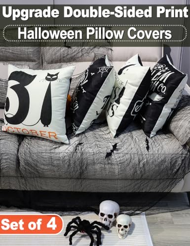 Multiwins HALLOWEEN TYPE Decorations Set Of 4 Double-Sided Print Pillow Covers 18 Inch X 18", With 8 Cute Halloween Decor Patterns, Elegant Invisible Zipper, Soft Linen Throw Pillow Covers thumb #1