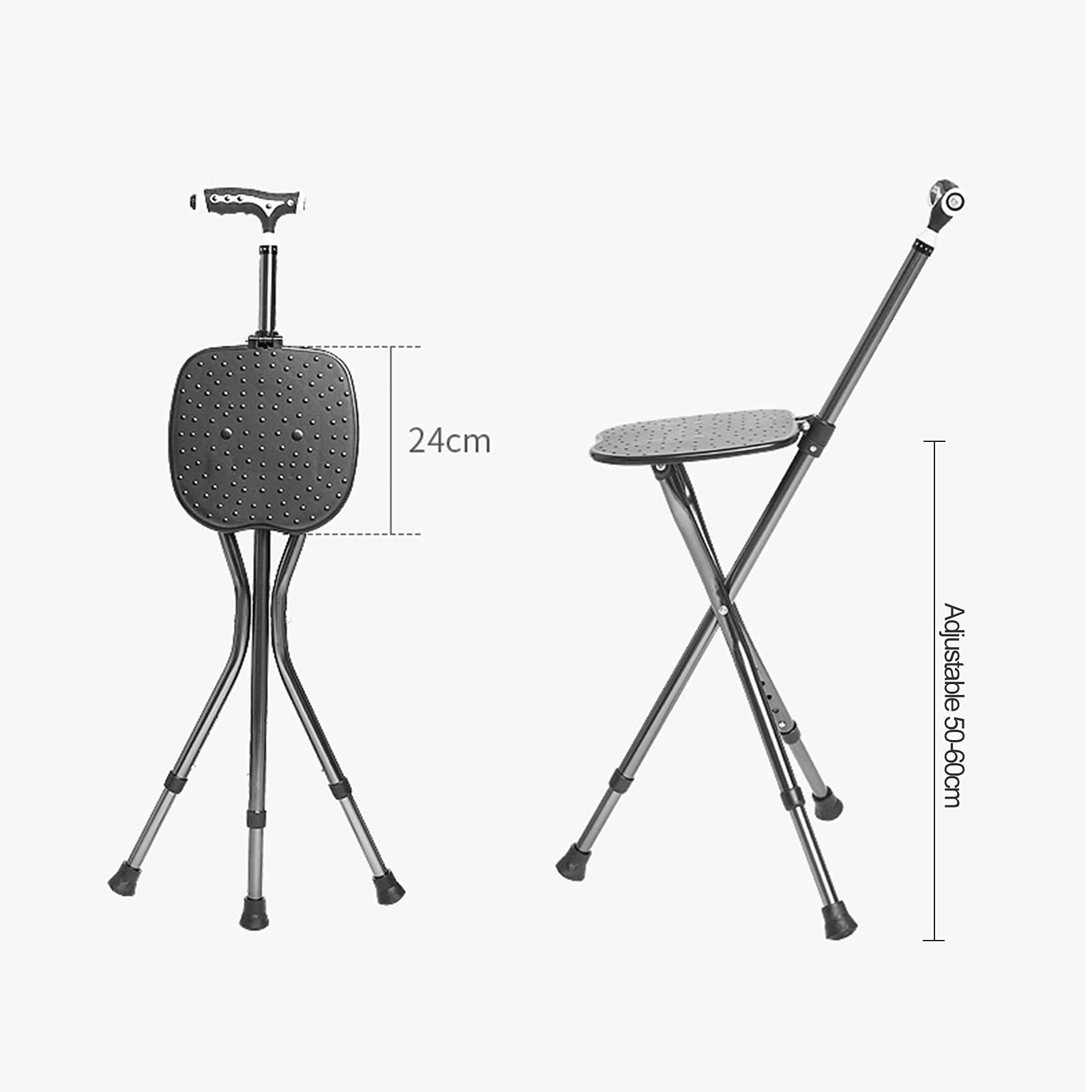 Asiento de bastón Plegable, Silla de caña de Aluminio Ajustable de Altura con luz LED, Taburete de muletas de Masaje para Ancianos, Personas Mayores y discapacitados, Base Antideslizante