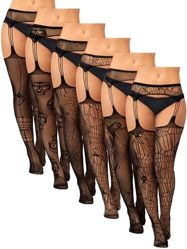 Image of Jadive 6 Pairs Women Plus Size Suspender Tights Fishnet Thigh High Stockings Garter Belt Lingerie Pantyhose
