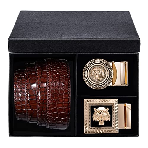 Red Leather Automatic Buckles with Box Ratchet Men Belt Waistband for Wedding Business Boxed Mens Belts Set (Color : Wine red Size : 130cm) (Wine Red 110cm)