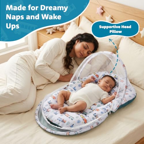 Image of Amazon Brand - Supples Baby Bed Mattress with Mosquito net | Toy Vehicle Print | Blue