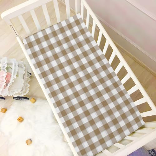 Image of Crib Sheet Breathable Soft Crib Mattress Sheet for Baby Toddler Boys Girls Fitted Crib Sheet Fit Standard Crib Mattress 39 x 27 Inch Brown Gingham Checkered