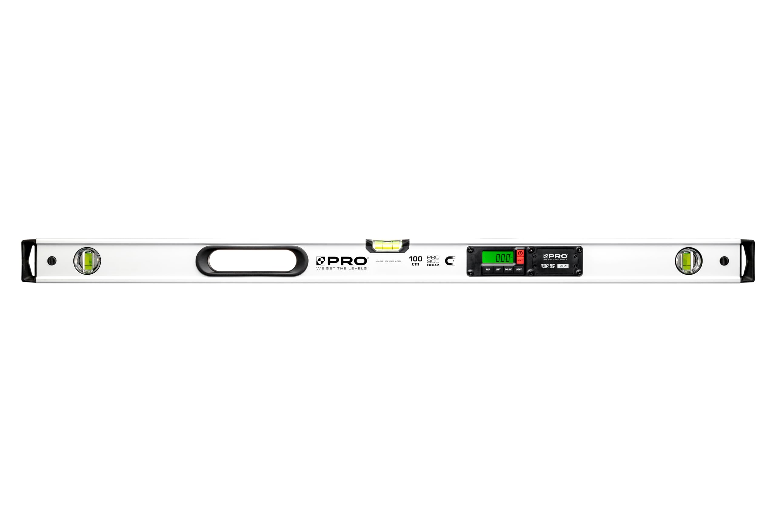 PRO900 Digitale Wasserwaage 100cm mit 2 LCD Displays und Abdeckung - Elektronische Wasserwaage mit Messwertspeicher für bis zu 19 Ergebnisse Schutzart IP65 - Farbe Weiß