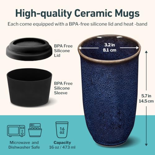 Image of NOVA CERAMICS Coffee Tumbler - Travel Mug - On the Go Coffee Mug - Microwave & Dishwasher Safe Green Coffee Tumbler - Gifts For Women Men Him Her - 16oz - Abyss