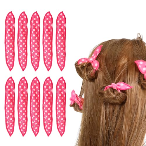 10 Pezzi Bigodini Morbidi per Dormire, Arricciacapelli senza Calore in Pile, Stampa Pois Rosa, per Donne e Ragazze, Notte e Giorno