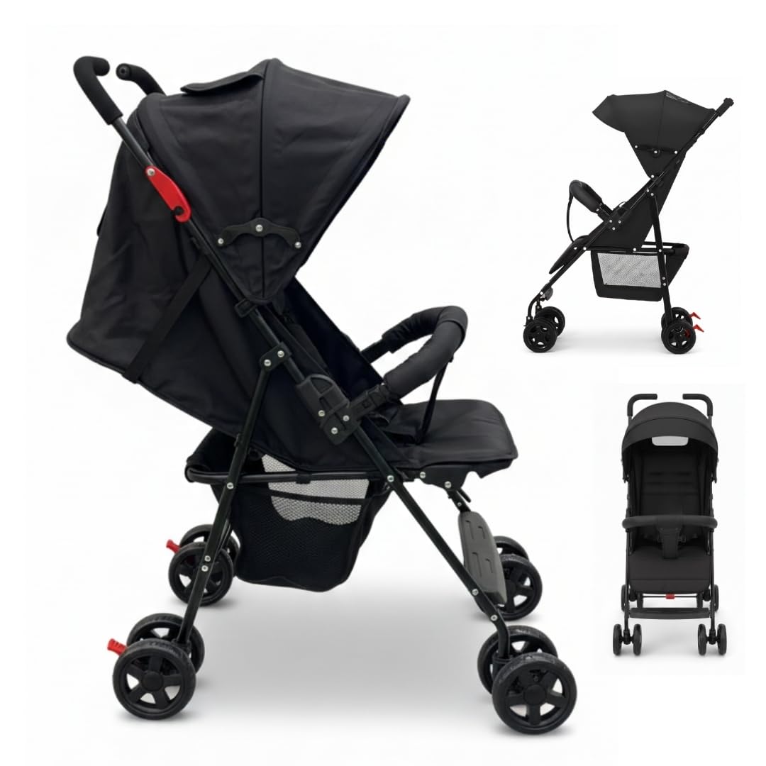 OBABY Stroller with Reclining Seat, Adjustable Canopy, Safety Harness, Smooth Wheels, Compact Folding Design (Small Stroller Black)-image-41