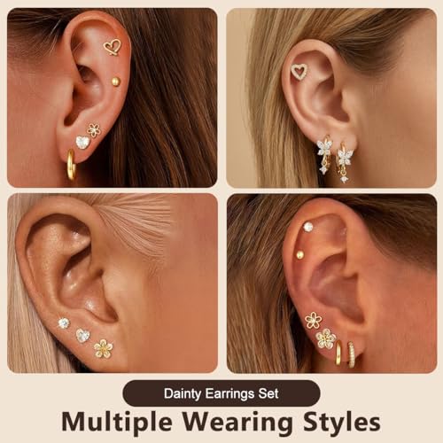 Image of SANNIDHI 12 Pairs Earrings Set for Women Gold Rhinestones Studs Flowers Hearts Butterfly Hoop Earring Hypoallergenic Stainless Steel Flat Back Earrings Cartilage Earring Combo for Multiple Piercing
