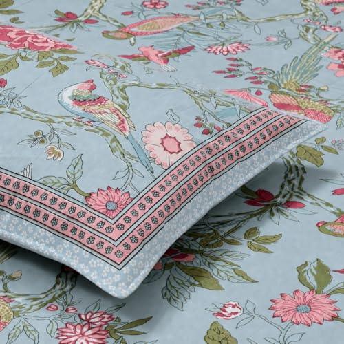 Image of ElanorHomes 240 TC Cotton Double King Size Bedsheet | Ultra-Soft & Skin-Safe | Breathable Summer Comfort | 90x108 inches with 2 Pillow Covers (Aqua Saga)