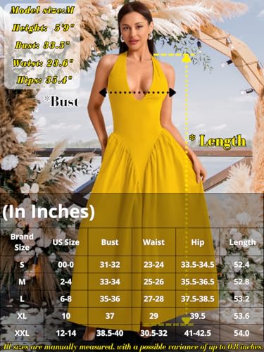 Image of ChiaoLezhee Deep V Neck Dress, Halter Maxi Dresses, Vacation Date Night, Sexy for Women Corset Flowy Wedding Guest Drop Waist