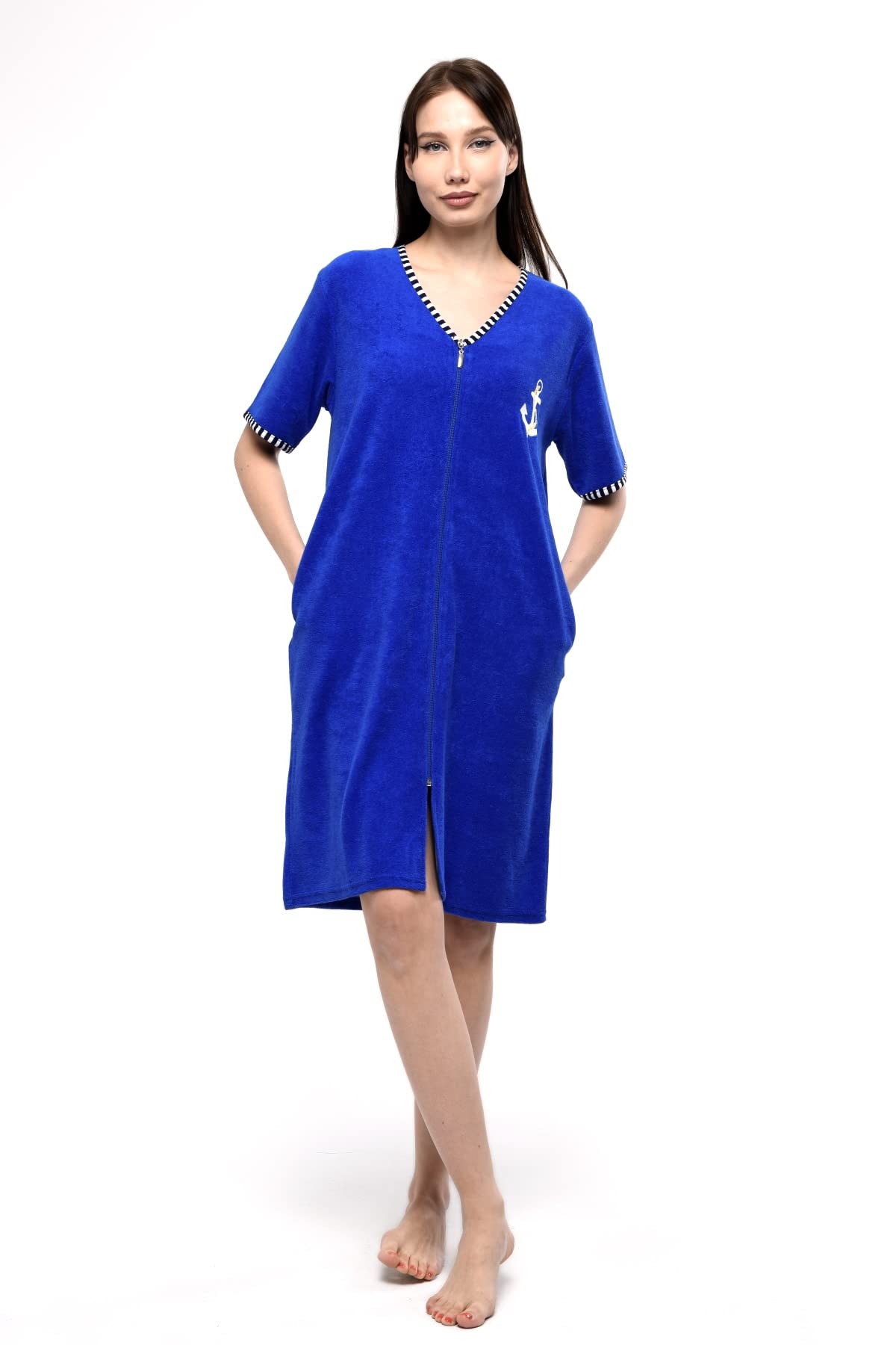 Brighton RobesWomens Terry Cotton Zipper Front with Anchor Embroidery Two Side Pockets Robe Beach Dress Sleepwear
