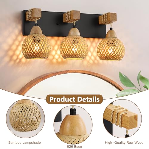 Image of LmnLvn Farmhouse Bathroom Light Fixture, 3-Light Boho Vanity Light, Bamboo Bathroom Light Fixture Over Mirror Rustic Vanity Lighting with Handmade Bamboo Shades, Suit for Restroom, Bedroom, Hallway