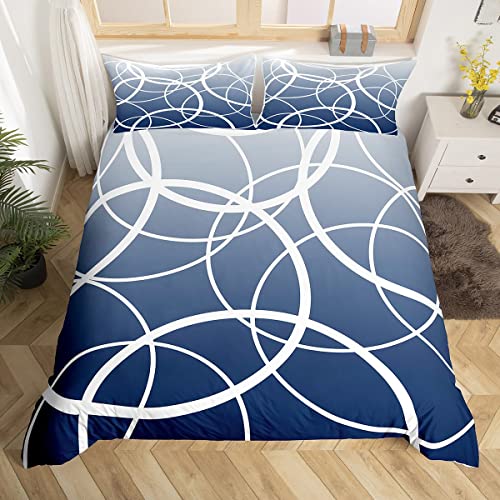 Modern Geometric Circle Bedding Set,Navy Gradient Watercolor Duvet Cover For Teens Boys Girls,Abstract Stripes Comforter Cover Decorative Room,Simplicity Art Quilt Cover With 2 Pillowcases,King Size #TOP25