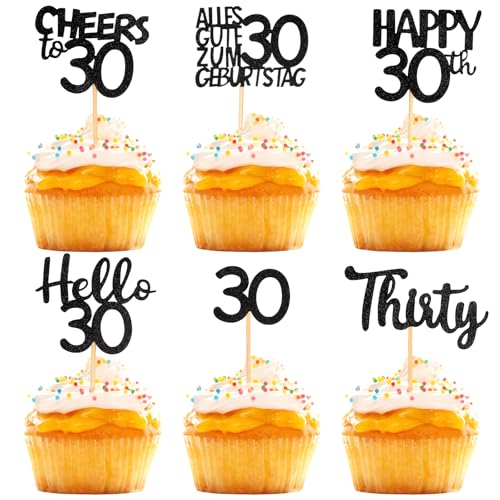 XRVRILE 24 Piezas Decoración Tartas 30 Años Negra, Topper Cupcake 30 Cumpleaños Mujer Hombre, Decoración No Comestible Negro para Fiesta 30 Cumpleaños