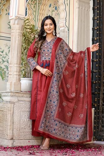 Image of Stylum Women's Ajrakh Printed Cotton A-Line Kurta Pant Dupatta Set