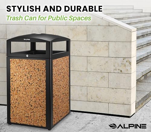 Alpine Outdoor Commercial Trash Can with Lid - 40 Gallon Heavy Duty Metal Garbage Can with Removable Bin, Locking Lid & a Modern Look in Park & High Traffic Areas (Black, Brown Stone Panels with Tray) by Alpine - Image 6