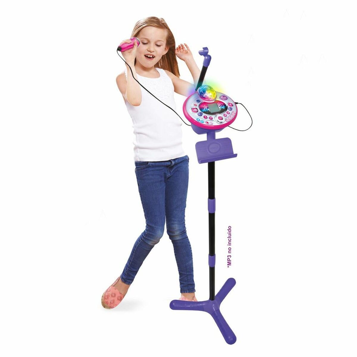 VTech - Kidi Superstar LightShow, Micrófono Karaoke Interactivo 9 en 1, Bola de Discoteca, Aprende a Cantar, Efectos de Voz y Luces, Grabadora y Juegos Musicales, Versión ESP