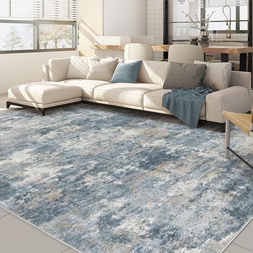Image of Nakagishi 8x10 Area Rugs Living Room: Washable Abstract Large Neutral Soft Rug Stain Resistant Modern Indoor Floor Non-Slip Carpet for Bedroom Nursery Kids Playroom Office Dining Room Dorm-Blue Brown