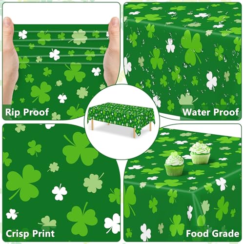 Image of 12 PCS St Patricks Day Tablecloth, Disposable 108 inch X 54 inch Shamrock Green Plastic Tablecloths, Lucky Shamrock Decor St Patricks Day Decorations for Table, Rectangle Irish Table Cover for Green Party