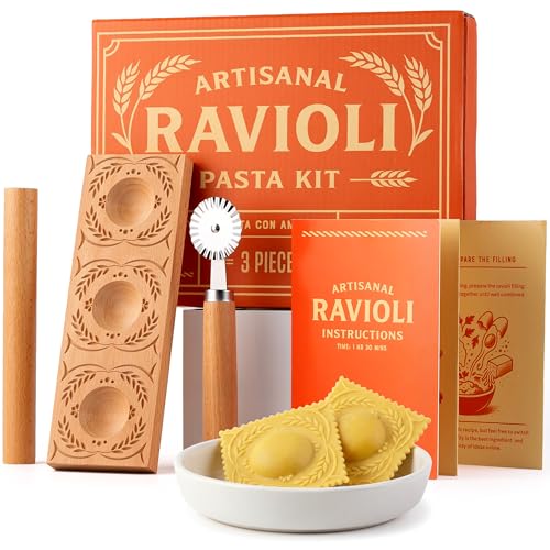 Cooking Gift Set Co. Artisanal Ravioli Maker Press Wooden Ravioli Mold & Pasta Maker Ravioli Press Pasta Cutter Wheel Ravioli Maker Tool Guide Pasta Making Tools Set for Homemade Pasta (3 Piece)