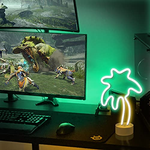 Lumoonosity Palm Tree Lights - Green & Yellow Palm Tree Neon Sign for Bedroom, Game Room - Battery/USB Powered Coconut Trees Neon Light with Stand for Desktop & Tabletop by Lumoonosity - Used condition - Image 3