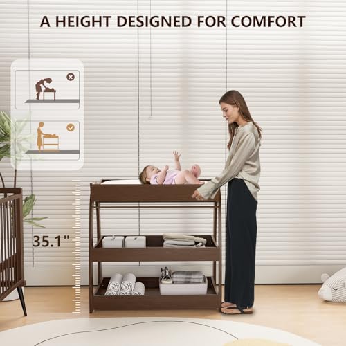 Image of Baby Changing Table, Wood Diaper Changing Table with 2-Tier Storage Shelves, Wooden Baby Changing Station for Nursery, Modern Changing Table Dresser