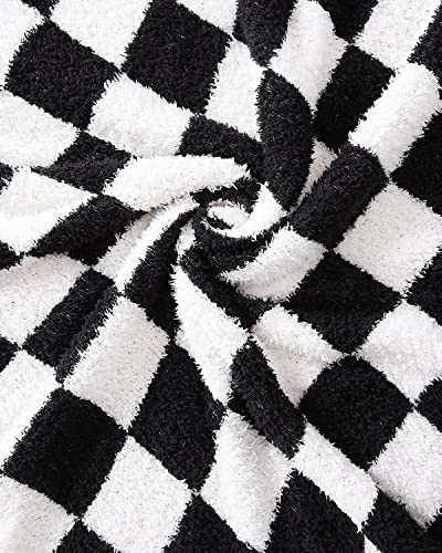 Panku Super Soft Checkered Throw Blanket, Knitted Cozy Warm Checkboard Fleece Blankets For Couch And Sofa, Reversiable Luxury Fluffy Plaid Knit Blanket Throw Black And White 50X60 Inches #TOP2
