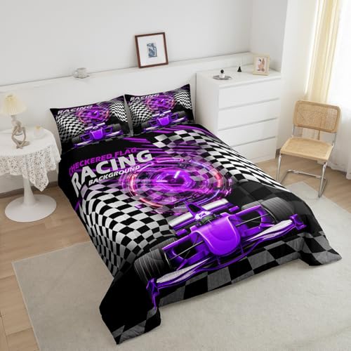 Image of Feelyou Kids Race Car Bedding Set Full Size, Purple Racing Car Comforter Set Boys Girls Karting Road Duvet Insert Teens Bedroom Decor with 2 Pillow Case