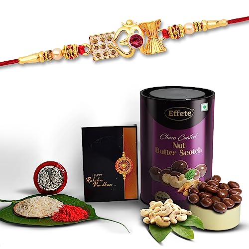 Image of DeoDap Multicolor Red Rakhi Bracelet Roli Chawal with Chocolate Butter Scotch 96gm, Silver Pooja Coin, Tilak Set, Greeting Card - Rakhi Gift for Brother