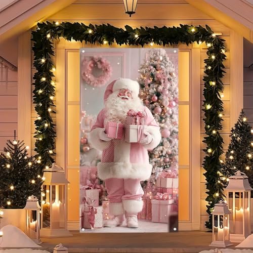 Image of BlissYard Christmas Door Banner Santa Wrapped Boxes 35x71 Inch Polyester