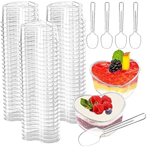 Foraineam 100 Pack 3.5 oz Clear Plastic Dessert Cups with Spoons, Valentine's Day Mini Appetizer Serving Plates Disposable Bowls for Desserts, Appetizers, Puddings, Mousse, Fruit Parfait and More Cover
