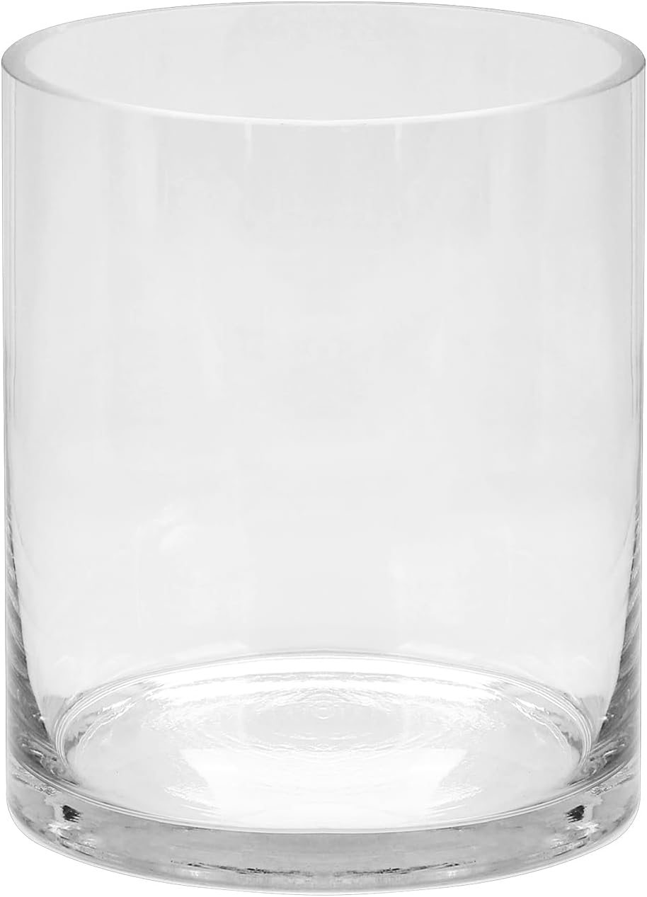 10" Wide 10" Tall Large Hand Blown Sturdy Clear Cylinder Glass Vase, Centerpiece Flower Vase for Rose, Tulip, Boquets, Hurricane Candle Holder (1, 10"x10")